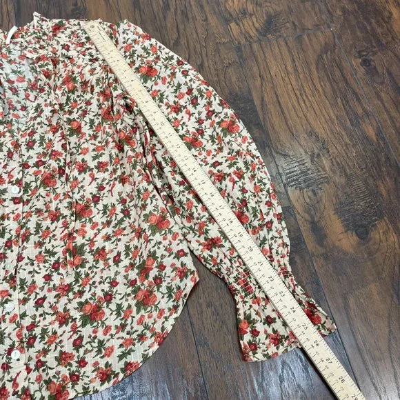 Free People Top XS Floral Orange Green Puff Sleeve Cotton Boho Blouse Women's - Picture 13 of 15